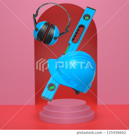 Construction tools and safety equipment floating over podium on abstract background, industrial work and protection concept Construction tools and safety equipment floating over podium on abstract background, industrial work and protection concept 135456602