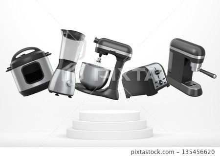 Set of kitchen appliances including mixer, toaster, blender, and coffee maker on white colorful podium and background 135456620