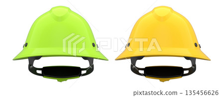Set of construction safety helmets isolated on white transparent background, symbolizing safety and industry standards Set of construction safety helmets isolated on white transparent background, symbolizing safety and industry standards 135456626