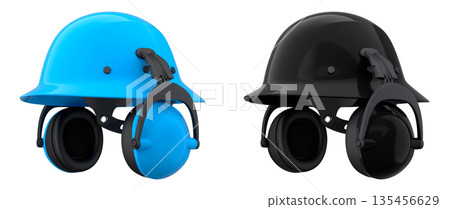 Protective helmets with attached earmuffs isolated on white background with clipping path, safety construction equipment Protective helmets with attached earmuffs isolated on white background with clipping path, safety construction equipment 135456629