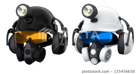 Protective helmets with mounted LED headlamps, respirators and earmuffs on white background with clipping path, safety equipment 135456630