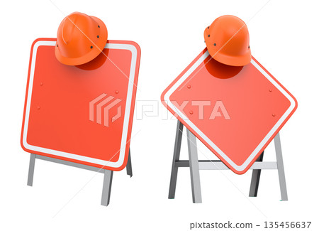 Blank traffic signs with different shapes and colors on metal poles on white background with clipping path, concept of road safety 135456637
