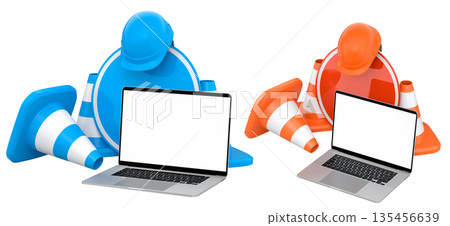 Laptops with blank screens surrounded by construction helmets, cones and warning signs on white background with clipping path Laptops with blank screens surrounded by construction helmets, cones and warning signs on white background with clipping path 135456639