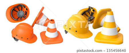 Stack of construction helmets and traffic cones isolated white background with clipping path, representing safety equipment 135456640