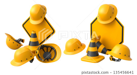 Construction hard hats, traffic cones, and road signs isolated on white background with clipping path, concept of safety gear 135456641
