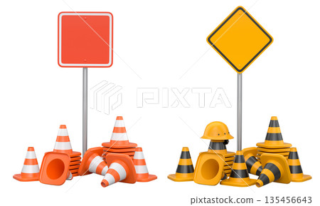Construction hard hats, traffic cones, and road signs isolated on white background with clipping path, concept of safety gear Construction hard hats, traffic cones, and road signs isolated on white background with clipping path, concept of safety gear 135456643