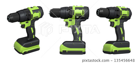 Set of cordless electric drills standing upright, isolated on white background with clipping path, power tool design concept Set of cordless electric drills standing upright, isolated on white background with clipping path, power tool design concept 135456648