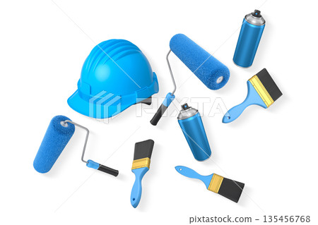 Safety helmet with paintbrushes and roller isolated on white background. Concept of painting, renovation, and construction 135456768