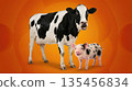 A black and white cow and a spotted pig stand next to each other on an orange background. 135456834