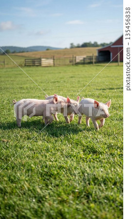 Three cute piglets stroll through a green pasture on a sunny day, capturing a delightful rural 135456838