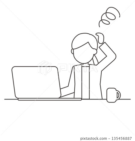 Line drawing illustration of a woman having trouble working on a computer Line drawing illustration of a woman having trouble working on a computer 135456887