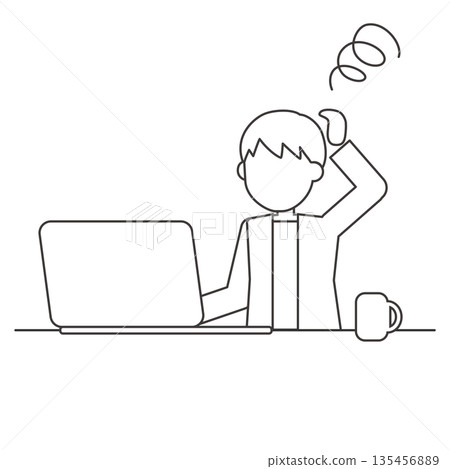 Line drawing illustration of a man having trouble working on a computer Line drawing illustration of a man having trouble working on a computer 135456889