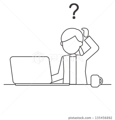 Line drawing of a woman feeling doubtful while working on a computer Line drawing of a woman feeling doubtful while working on a computer 135456892
