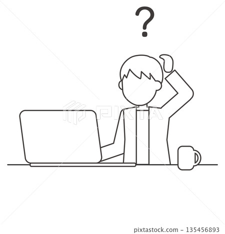 Line drawing of a man feeling doubtful while working on a computer Line drawing of a man feeling doubtful while working on a computer 135456893