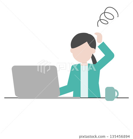 Illustration of a woman struggling with computer work 135456894