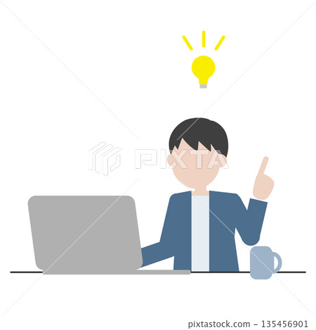Illustration of a man coming up with an idea while working on a computer Illustration of a man coming up with an idea while working on a computer 135456901