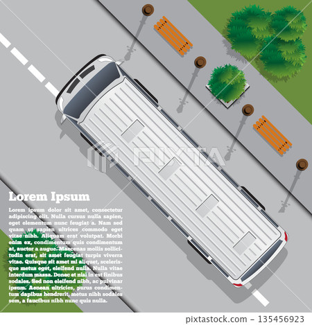 The bus goes on the road. View from above. Vector illustration. 135456923