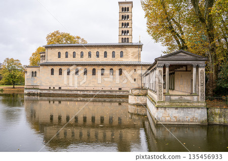 Water lake park nature. Church of Peace Friedenskirche is a Protestant-Lutheran church in the Marley Gardens in Potsdam Germany 135456933