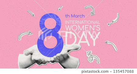 International Women's day horizontal banner template with halftone collage hands holding number 8, text and doodles. Give To Gain IWD 2026 concept. Modern retro mixed media vector illustration 135457088