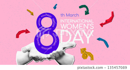 International Women's day horizontal banner template, cut out halftone collage hands holding number 8, text and doodles. Give To Gain IWD 2026 concept. Vector illustration isolated International Women's day horizontal banner template, cut out halftone collage hands holding number 8, text and doodles. Give To Gain IWD 2026 concept. Vector illustration isolated 135457089