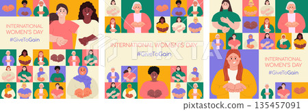 International Women's day geometric minimalist square banner templates set, Diverse happy women with open palms hands giving gesture. Give To Gain IWD 2026 concept Modern flat vector illustration International Women's day geometric minimalist square banner templates set, Diverse happy women with open palms hands giving gesture. Give To Gain IWD 2026 concept Modern flat vector illustration 135457091