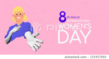International Women's day horizontal banner template with cut out halftone hand holding female Venus symbol. Give to Gain IWD 2026 concept. Vector illustration isolated on pink dotted background 135457093