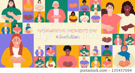 International Women's day geometric minimalist banner template with diverse happy women with open palms hands giving gesture. Give To Gain IWD 2026 concept and hashtag Modern flat vector illustration International Women's day geometric minimalist banner template with diverse happy women with open palms hands giving gesture. Give To Gain IWD 2026 concept and hashtag Modern flat vector illustration 135457094