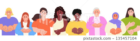 Give To Gain IWD 2026 concept. Diverse happy women with open palms, hands giving gesture International Women's day banner, border isolated on transparent background. Modern flat vector illustration Give To Gain IWD 2026 concept. Diverse happy women with open palms, hands giving gesture International Women's day banner, border isolated on transparent background. Modern flat vector illustration 135457104