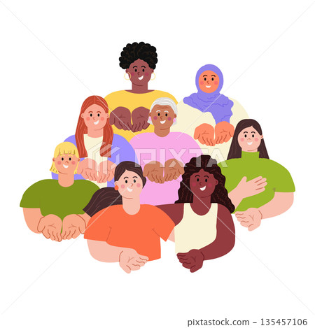 Give To Gain IWD 2026 concept. Diverse happy women with open palms, hands giving gesture. International Women's day sticker, print, clip art. Modern flat vector illustration on transparent background 135457106