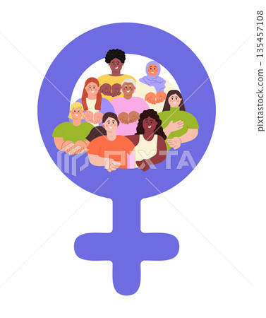 Diverse happy women with open palms, hands giving gesture, arranged in Venus female symbol. Give To Gain IWD 2026 concept. International Women's day flat vector illustration on transparent background Diverse happy women with open palms, hands giving gesture, arranged in Venus female symbol. Give To Gain IWD 2026 concept. International Women's day flat vector illustration on transparent background 135457108