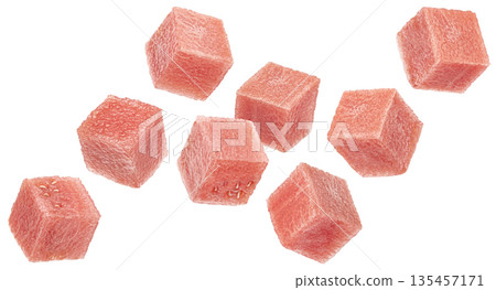 Falling watermelon cubes isolated on white background with clipping path, full depth of field 135457171