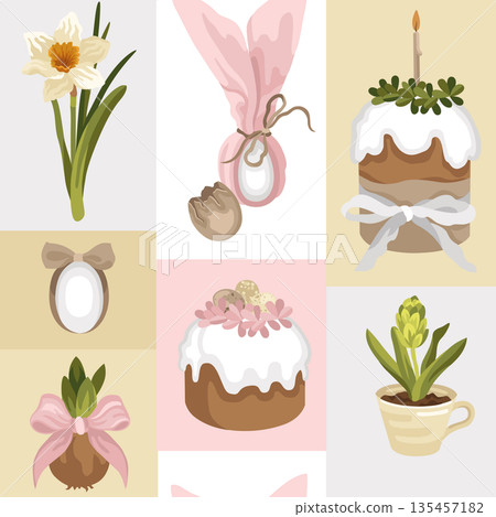 Hand-drawn Easter cakes seamless pattern with teacup potted flower and blooming daffodil, flower bulb with a bow and Easter eggs 135457182