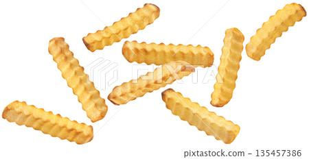 Crinkle french fries isolated on white background, falling crunchy fried potato sticks, full depth of field Crinkle french fries isolated on white background, falling crunchy fried potato sticks, full depth of field 135457386