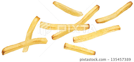 Falling french fries potato sticks isolated on white background with golden crispy texture, full depth of field 135457389