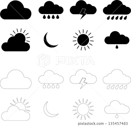 Weather Icon Vector Set: 16 Minimalist Forecast Symbols, Sun Cloud Rain and Moon Graphics, Silhouette and Line Art for Web and App Interface 135457483