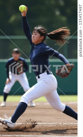 一名高中女壘球投手在投手丘上使出全力投球。 135457497