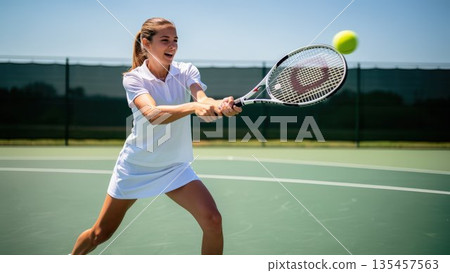 微笑的網球選手在網球場上反手擊球 135457563