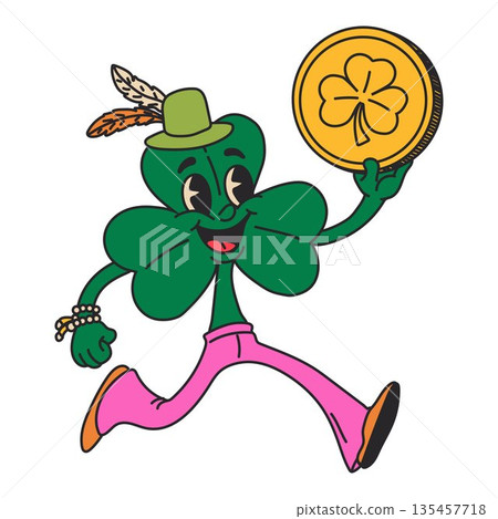 Lucky Shamrock Character Holding Gold Coin Lucky Shamrock Character Holding Gold Coin 135457718