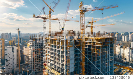 Active construction site background showing buildings in progress. 135458046