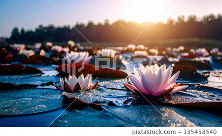 Lotus Flowers in Still Pond . Nature Concept. Generated Image Lotus Flowers in Still Pond . Nature Concept. Generated Image 135458540