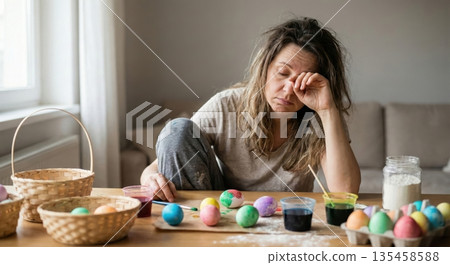 Woman coloring Easter eggs at home, capturing the feeling of holiday preparation. This image can be used to depict family traditions, holiday crafts, and festive activities for marketing or lifestyle  135458588