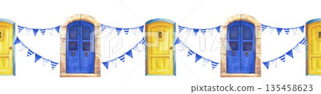 Watercolor seamless border with blue and yellow doors and blue striped flags on an isolated background. Realistic illustration with traditional Greek architectural elements for tourism, printing and 135458623