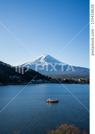 Winter scenery of Mt. Fuji and blue sky seen from Lake Kawaguchi Winter scenery of Mt. Fuji and blue sky seen from Lake Kawaguchi 135458626