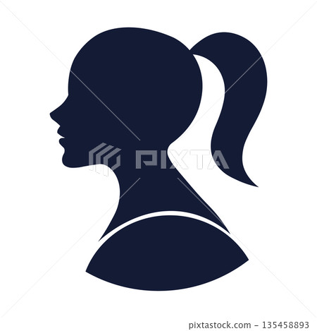 Dark blue silhouette profile of a woman with a ponytail, suitable for hair salon branding, 135458893