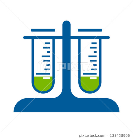 Flat vector illustration of two laboratory test tubes with green liquid on a stand, 135458906