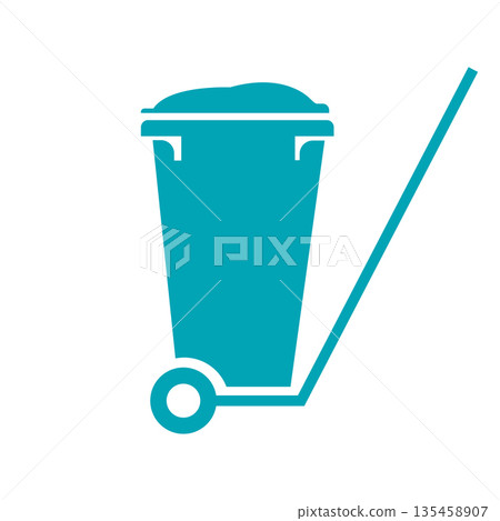 Teal waste bin with wheels and handle icon, flat vector illustration representing waste management, 135458907