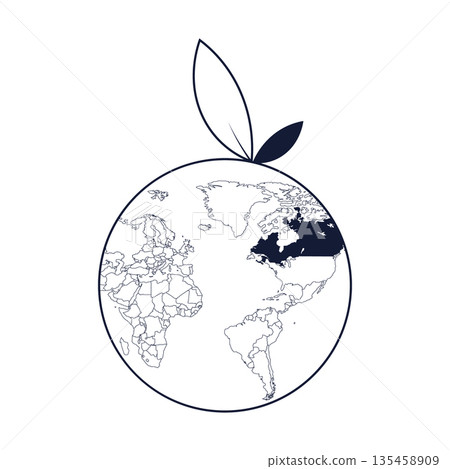 Global ecology concept illustration featuring a world map inside an orange fruit shape with leaves, 135458909
