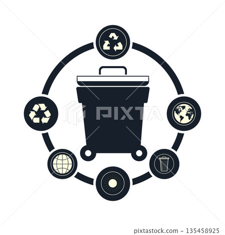 Comprehensive global waste management and recycling concept illustration, featuring a trash bin Comprehensive global waste management and recycling concept illustration, featuring a trash bin 135458925