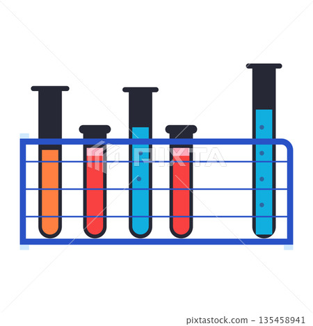 Scientific test tube rack with varying heights and colorful liquid samples for laboratory testing 135458941