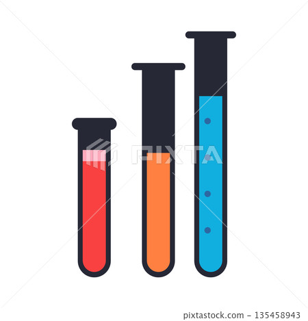 Set of three colorful laboratory test tubes with chemical liquids and bubbles for science experiment Set of three colorful laboratory test tubes with chemical liquids and bubbles for science experiment 135458943